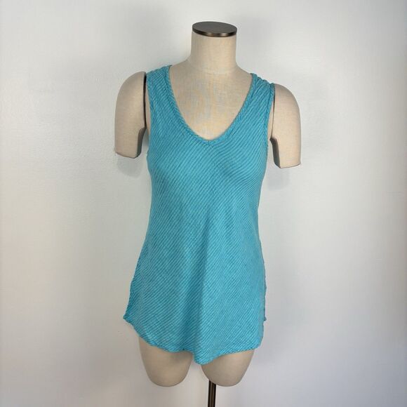 Flax Turquoise Teal Linen Tank Top Shirt Size Small / P Stripe Textured - Picture 1 of 6